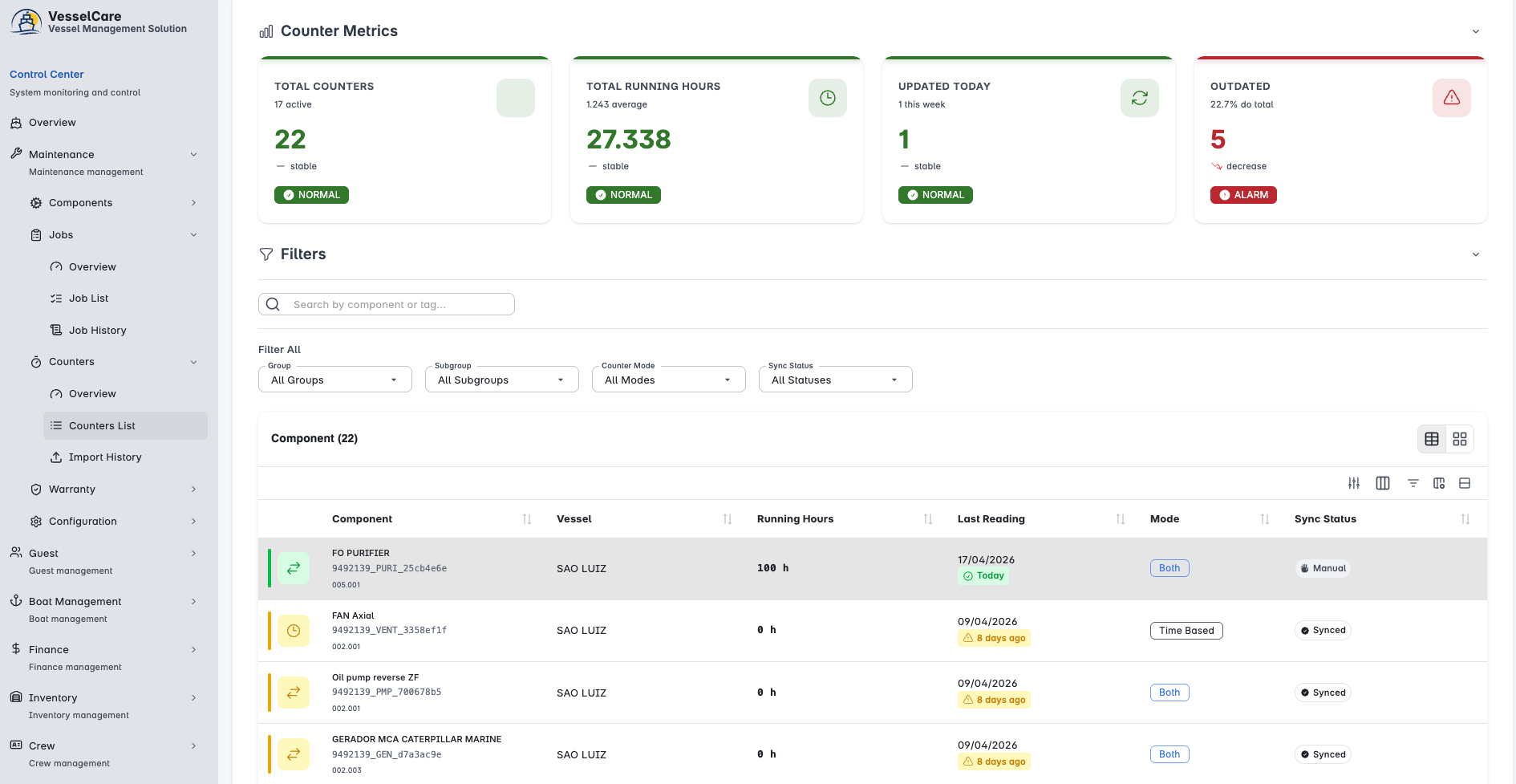 Maintenance counters — running hours per component with auto/manual sync